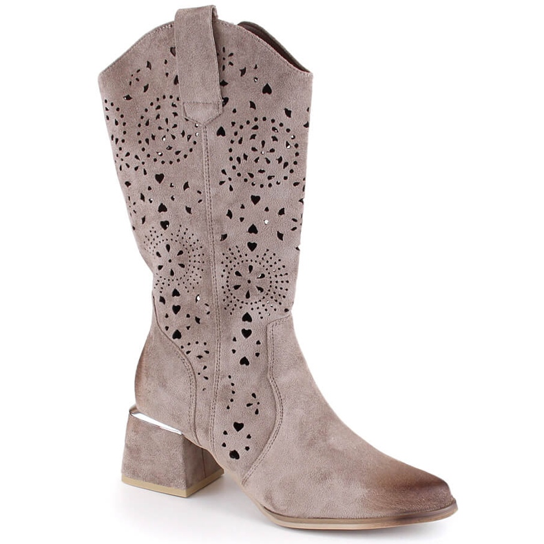 Beige suede women's openwork boots Potocki SZ12397