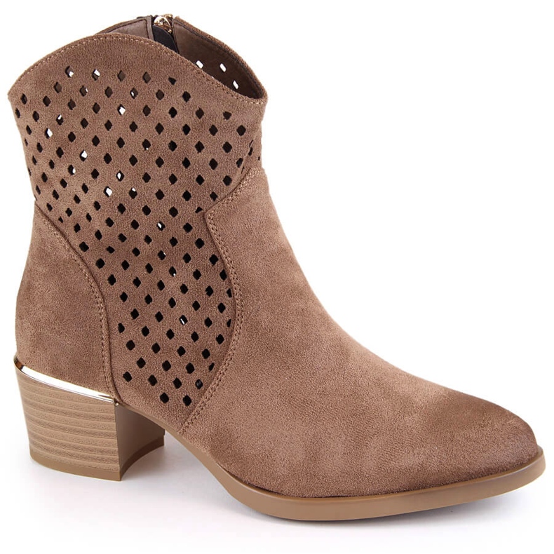 Suede women's openwork cowboy boots, brown, Vinceza 58239
