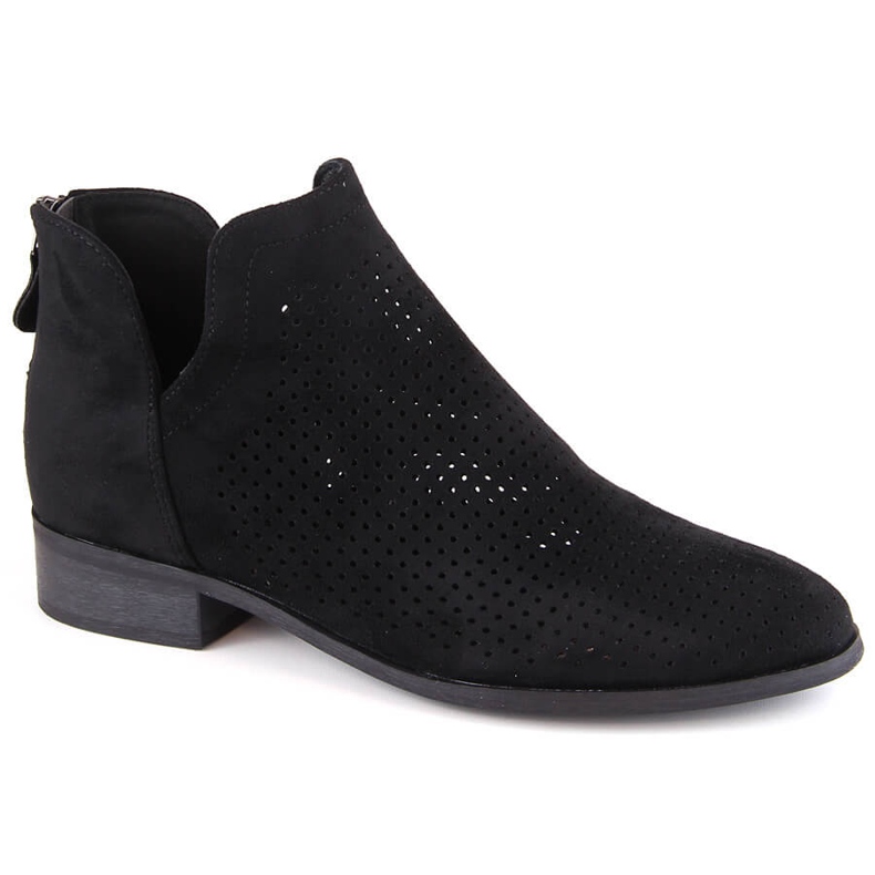 Suede women's low-heeled openwork boots, black Potocki SZ12307