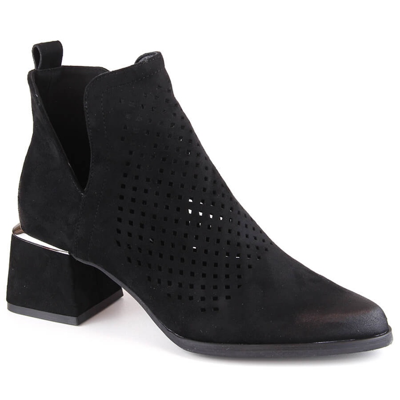 Suede women's openwork high-heeled boots, black Potocki SZ12356