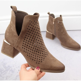 Suede women's openwork high-heeled boots brown Potocki SZ12356