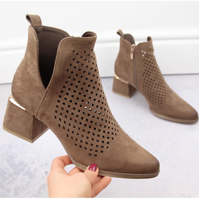 Suede women's openwork high-heeled boots brown Potocki SZ12356