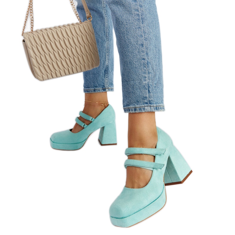 Cher turquoise pumps with a massive block heel green