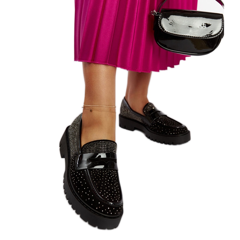 Black loafers decorated with Newport rhinestones