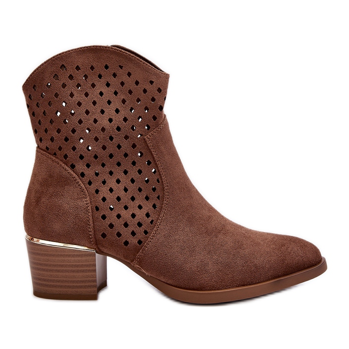 Vinceza Brown Openwork Low Heel Boots Cilvana