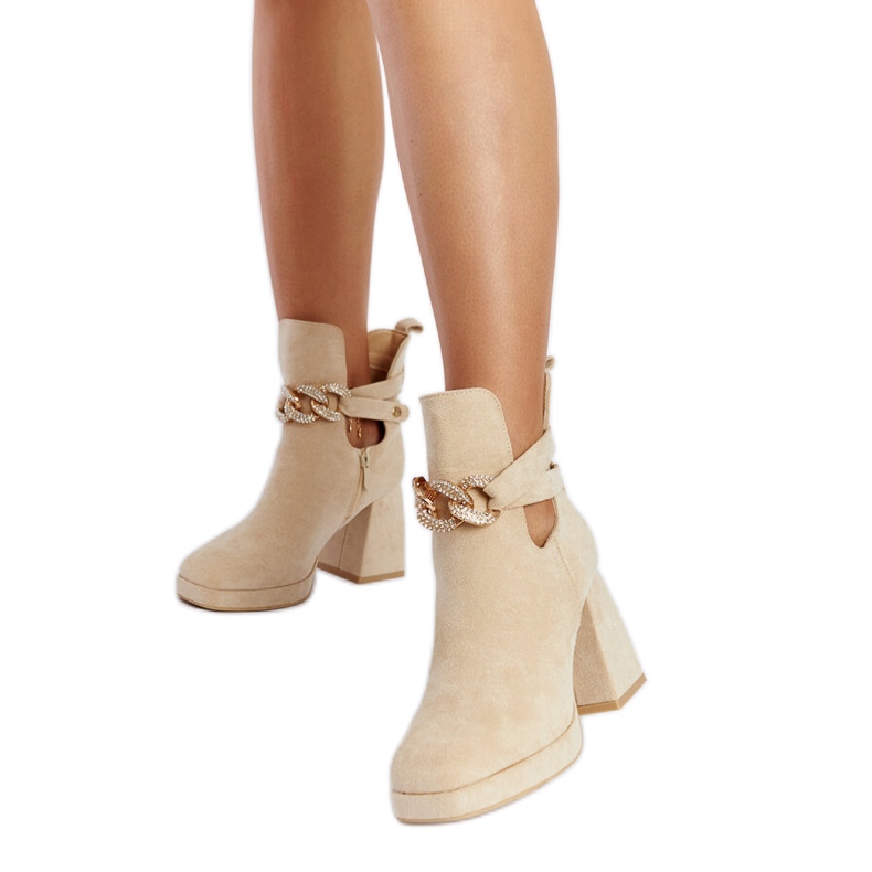Beige ankle boots decorated with Elm cubic zirconias