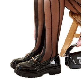 Black patent moccasins with a Barbara buckle