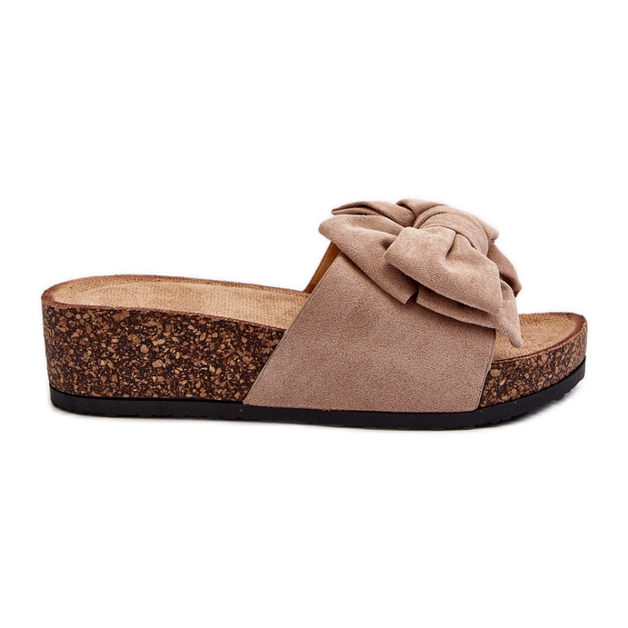 Women's flip-flops on a cork platform with a bow Khaki Tarena beige