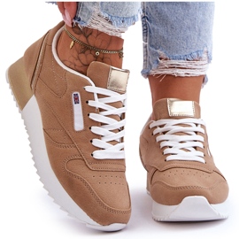 Beige Leather Lace-Up Sports Shoes on a Platform