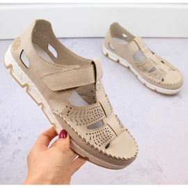 Women's leather openwork shoes with velcro, beige Rieker 49958-61