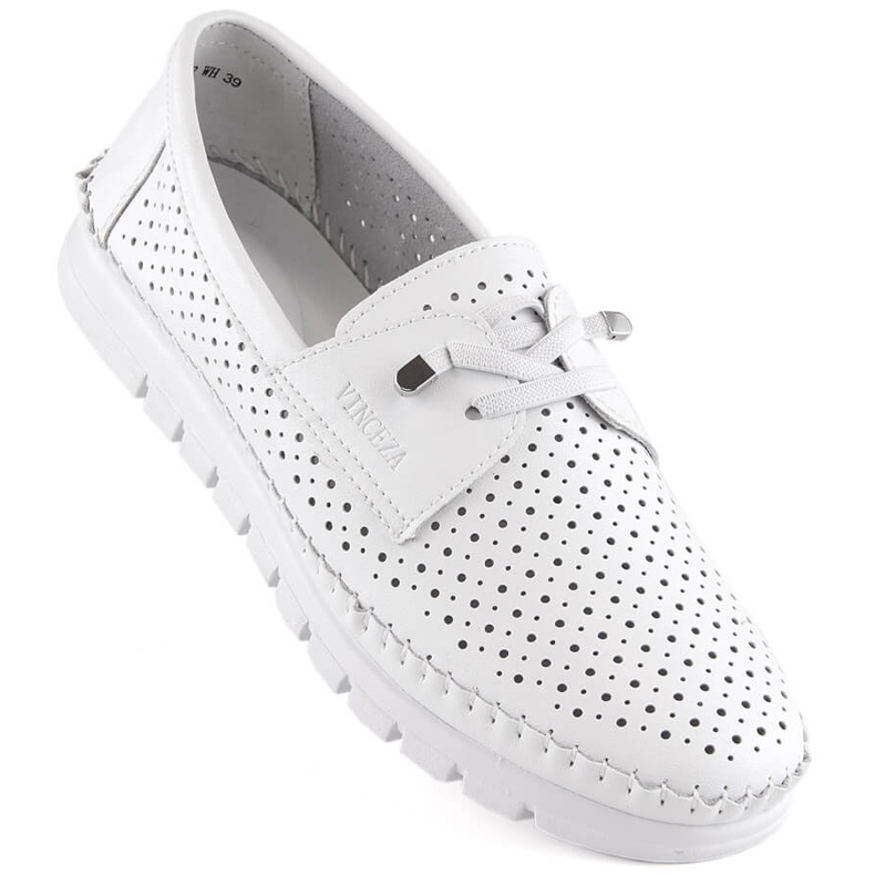 Women's openwork leather slip-on shoes, white Vinceza 7872