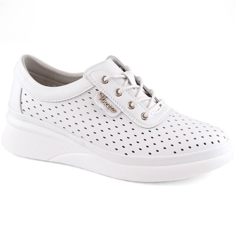 Women's leather sports openwork wedges, white Vinceza 7890