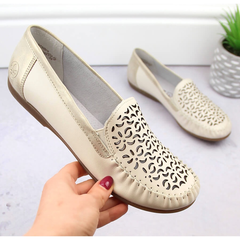 Leather comfortable shoes, women's openwork moccasins, beige Rieker L6350-60