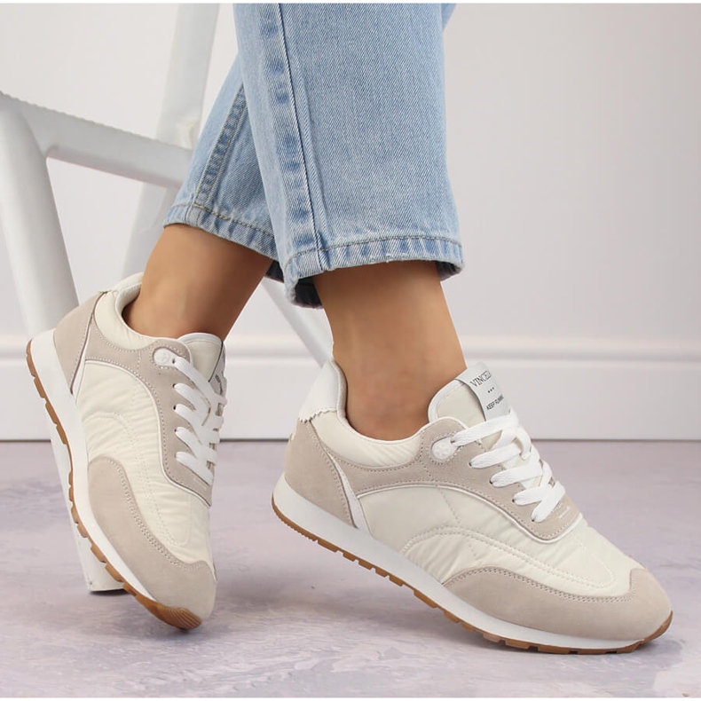 Women's leather lace-up sports shoes, beige Vinceza 72301