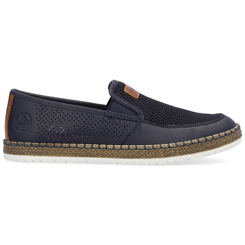 Leather comfortable openwork men's slip-on shoes, navy blue Rieker B5271-14