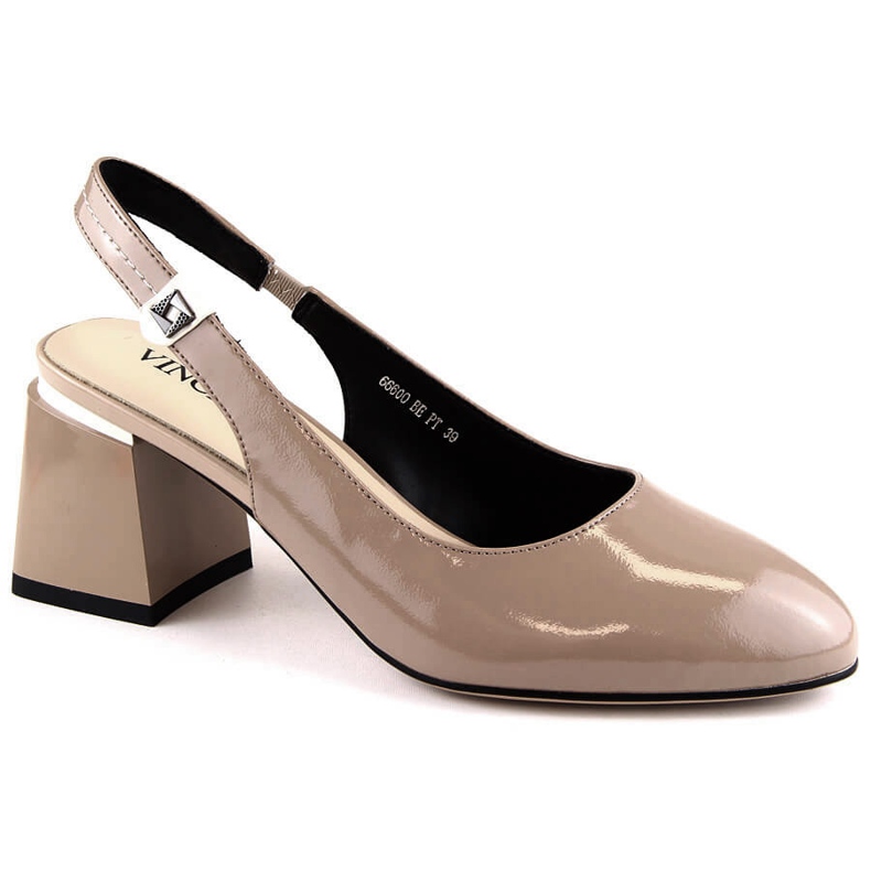 Ladies' elegant patent leather sandals with a high heel, beige Vinceza 66600