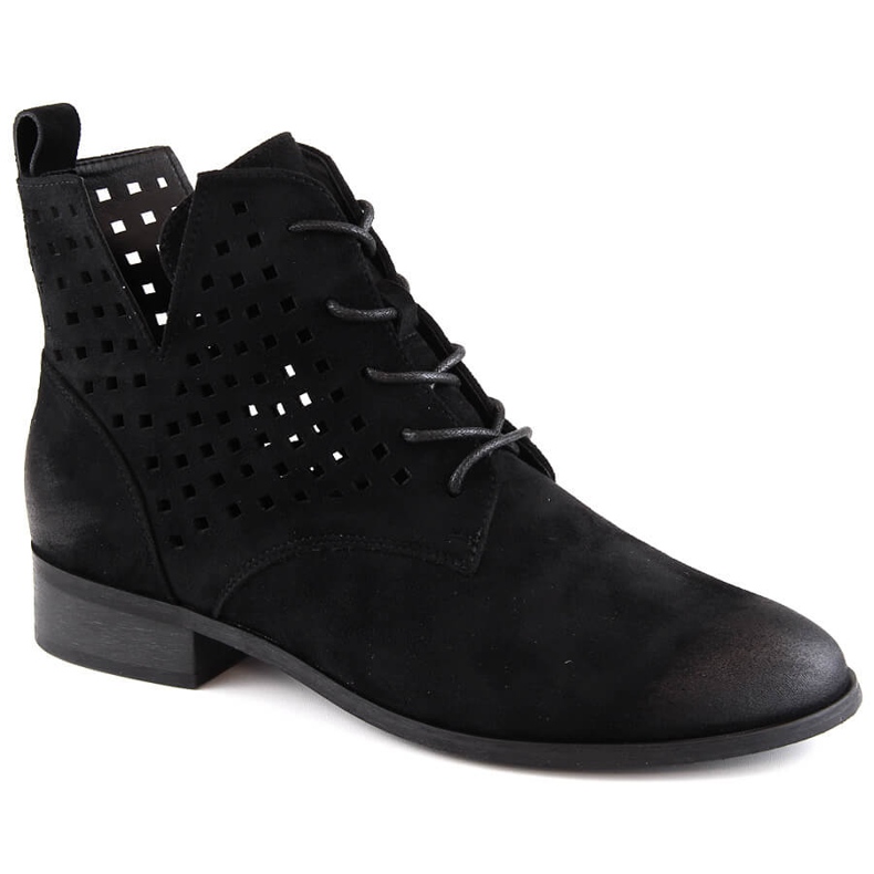 Suede openwork ankle boots with a flat heel, black Potocki SZ12089