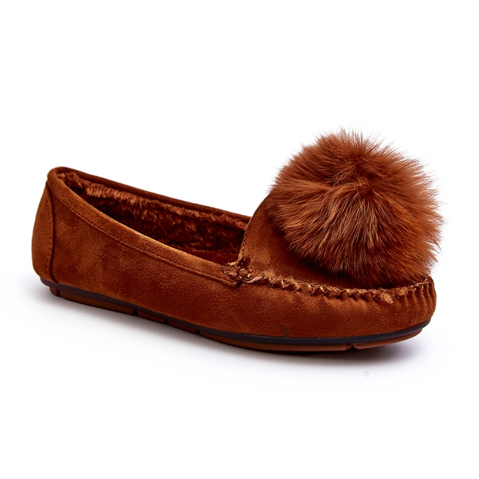 Women's Camel's fur loafers with fur and pompom brown Women's Camel's fur loafers with fur and pompom brown