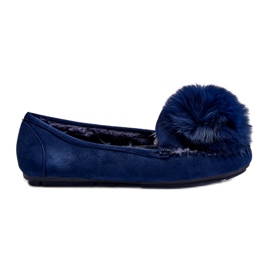 Women's blue loafers with fur and pompom