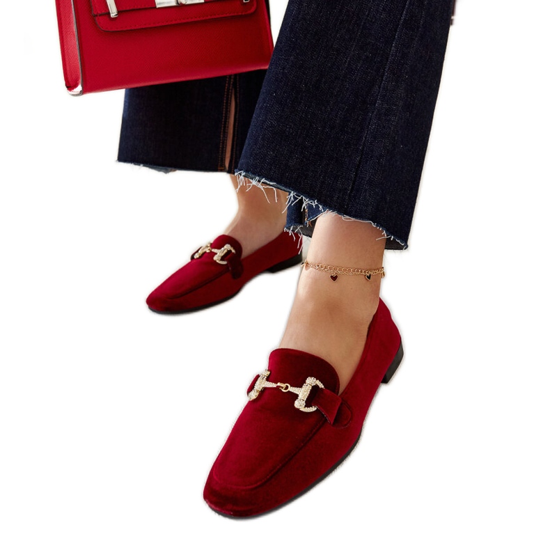 Burgundy velvet moccasins with rhinestones by Fabrizia red