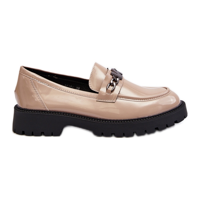 Vinceza Women's Patent Leather Moccasins on a Flat Heel, Beige Ezoma