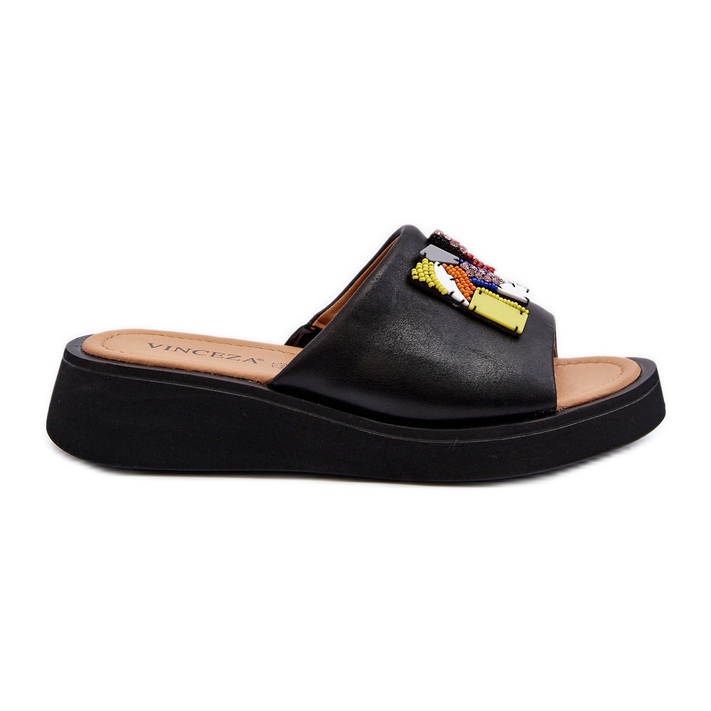 Vinceza Women's Leather Flip Flops With Black Asames Decoration Vinceza Women's Leather Flip Flops With Black Asames Decoration