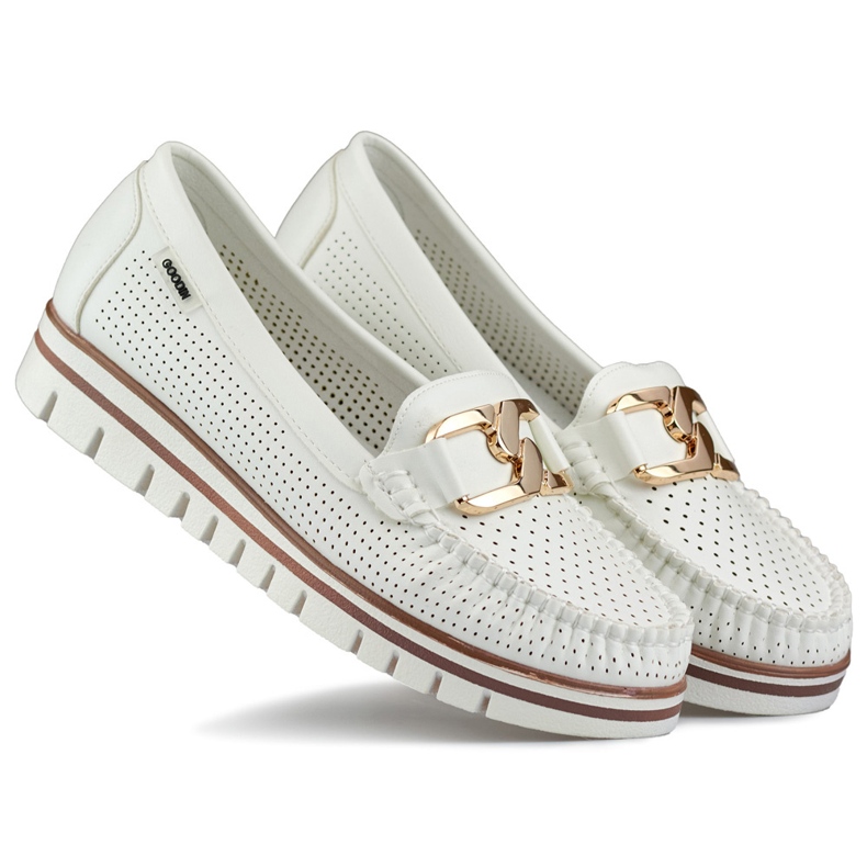 Comfortable, elegant women's openwork moccasins, white openwork shoes