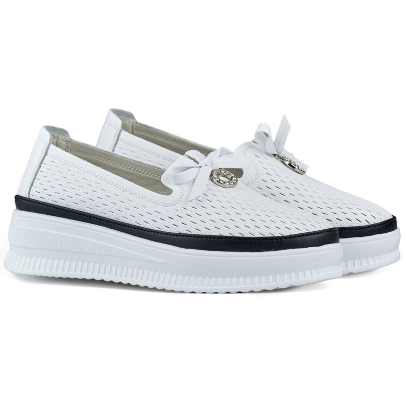 Leather openwork shoes for women, comfortable moccasins made of natural leather white