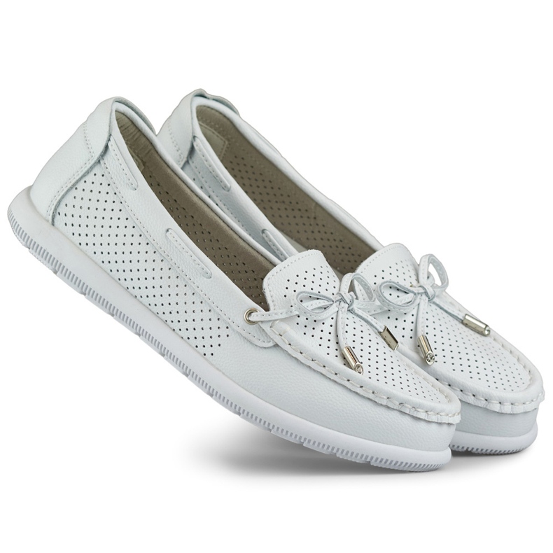 Women's openwork moccasins made of natural leather, white openwork leather shoes
