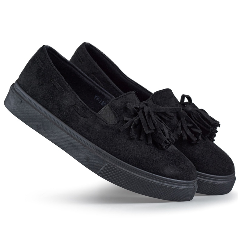 Black women's shoes with fringes, black moccasins with fringes