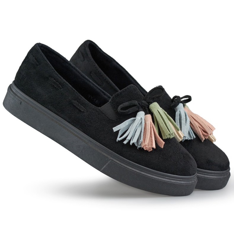 Black women's shoes with colorful fringes, black moccasins with fringes