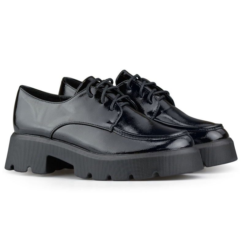 Black patent lace-up shoes, women's shoes with a thick sole