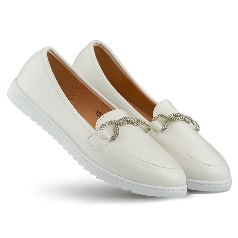 Comfortable white women's moccasins with rhinestones