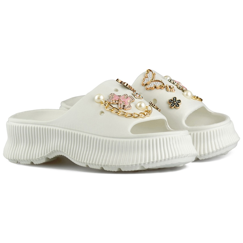 Women's white rubber flip-flops with decorations
