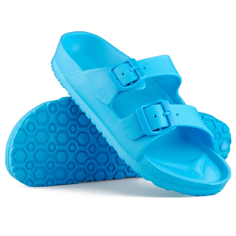 Blue flip-flops with two buckles