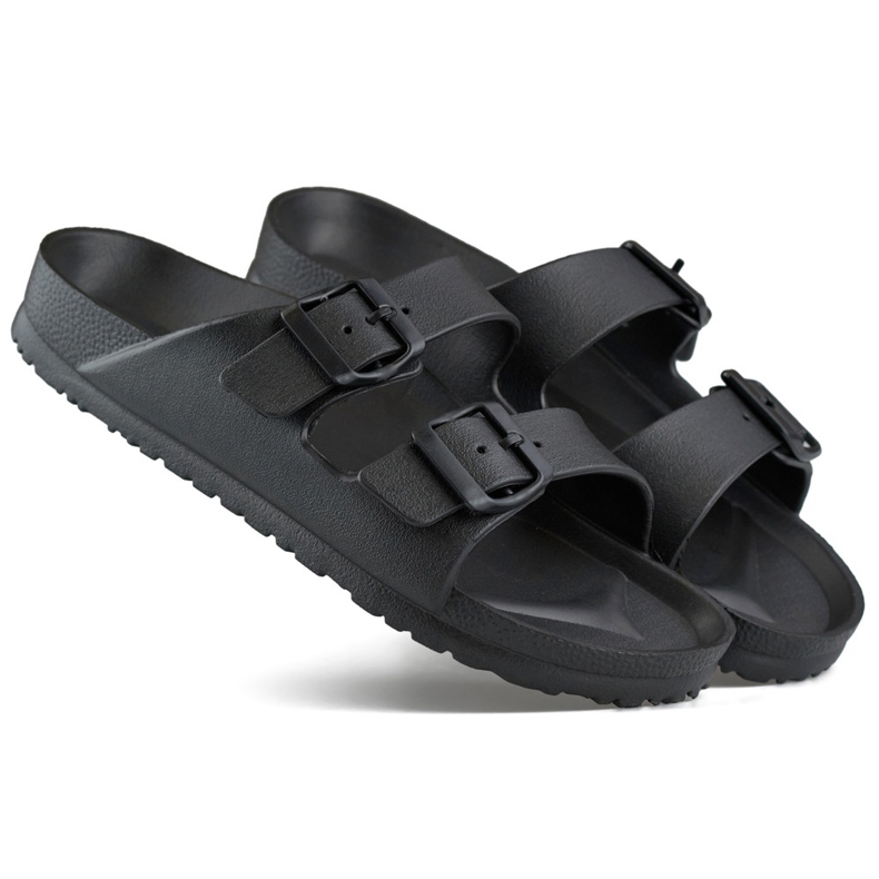 Black flip-flops with two buckles