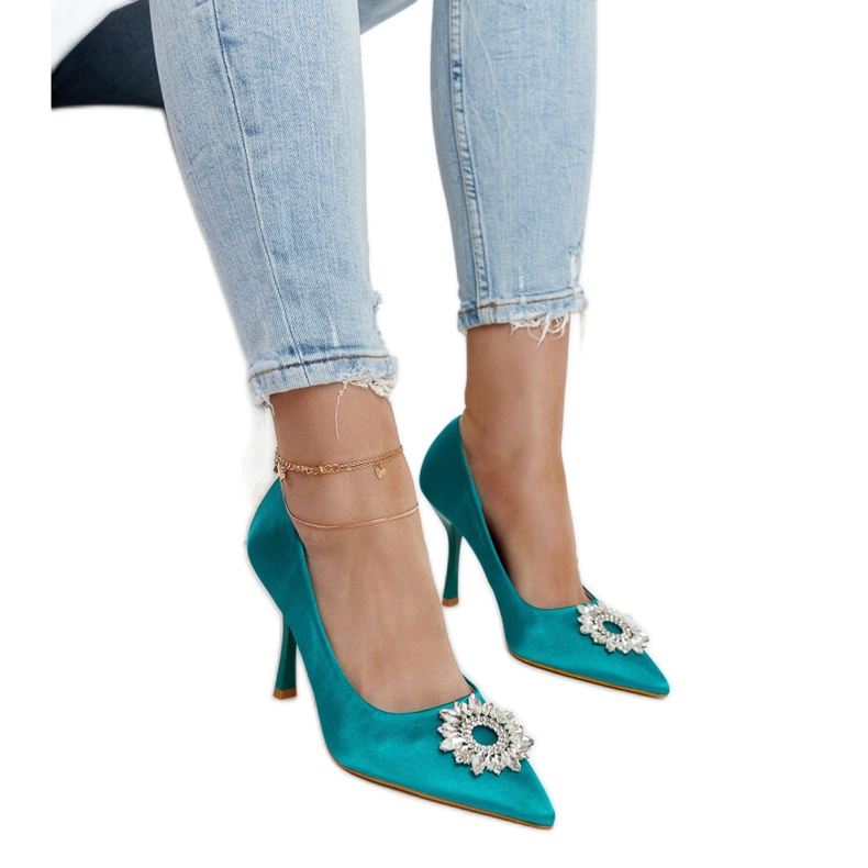 Green high heels with a satin finish and rhinestones by Susegana
