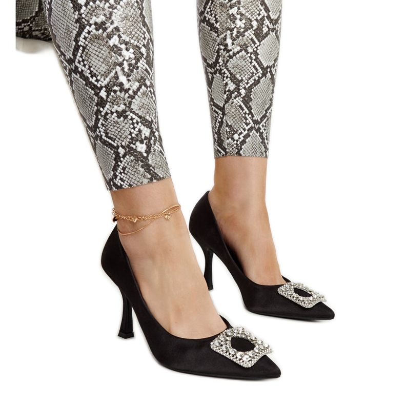 Black high heels with a satin finish and Clemente rhinestones