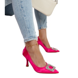 Pink high heels with a satin finish and Clemente rhinestones