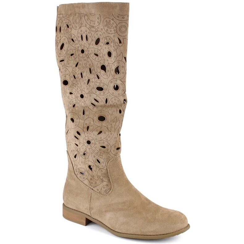 Suede women's openwork boots with low heels, beige Jezzi ASA142-50