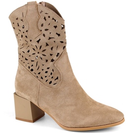 Suede women's openwork cowboy boots, beige Jezzi ASA217-7
