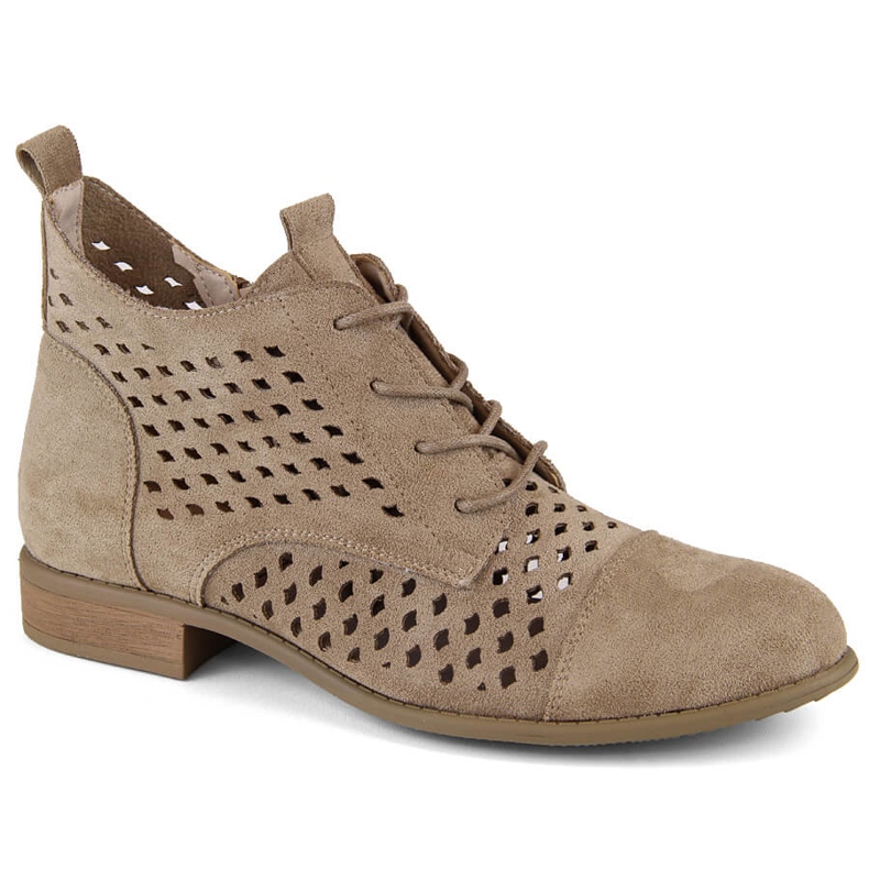 Suede women's openwork ankle boots with low heels, beige Jezzi ASA142-45