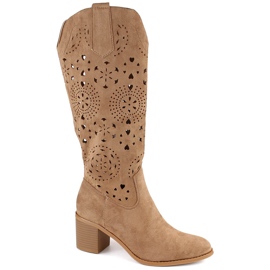 M. DASZYŃSKI Suede women's openwork boots with high heels, beige M.Daszyński MR2337-7 M. DASZYŃSKI Suede women's openwork boots with high heels, beige M.Daszyński MR2337-7