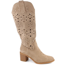 M. DASZYŃSKI Suede women's openwork boots with a high heel, beige M.Daszyński MR2337-7