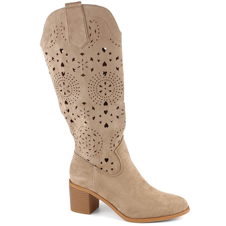 M. DASZYŃSKI Suede women's openwork boots with a high heel, beige M.Daszyński MR2337-7