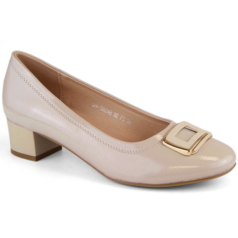 Ladies' beige patent leather shoes with a high heel, Vinceza 58248