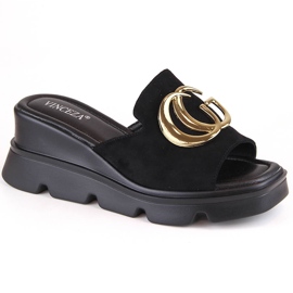 Women's suede wedge slippers, black, Vinceza 58295 Women's suede wedge slippers, black, Vinceza 58295