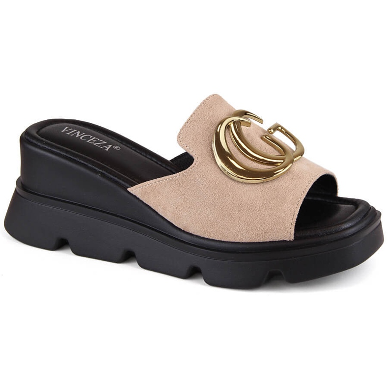 Beige women's suede wedge slippers Vinceza 58295