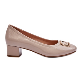 Vinceza Patent leather pumps on a block with a decoration, Beige Enollia