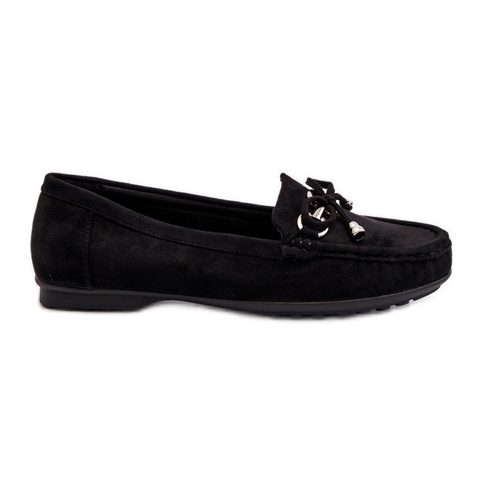 Women's suede moccasins with decoration, Black Daphikaia